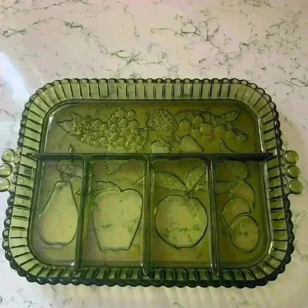 Vintage Indiana Glass Avocado Green Divided Relish Tray Platter Fruit Design